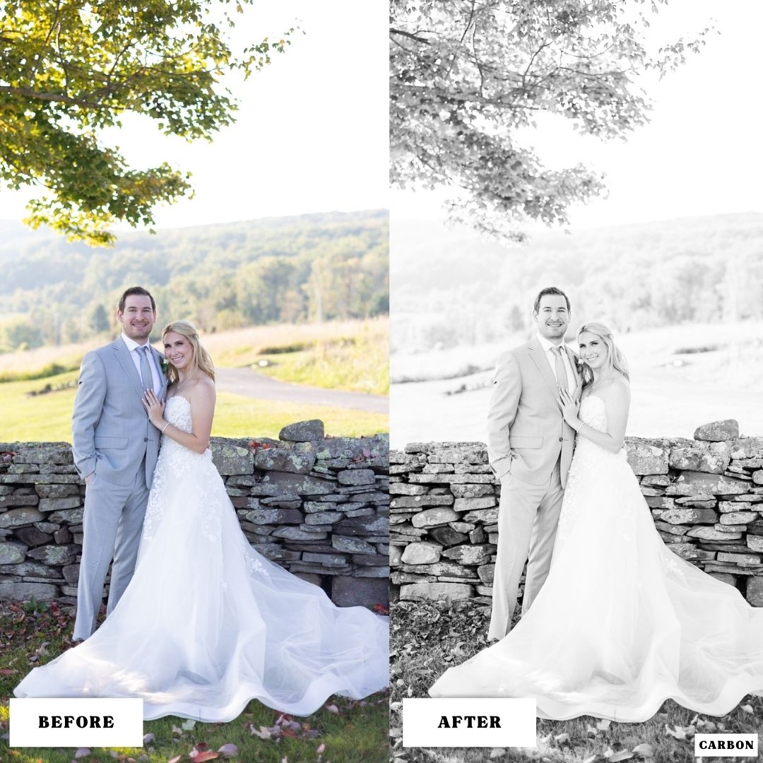 Before and after wedding portrait showing the Carbon black-and-white preset from Colorbloom. Converts color photo into a high-contrast, clean monochrome image perfect for timeless storytelling.