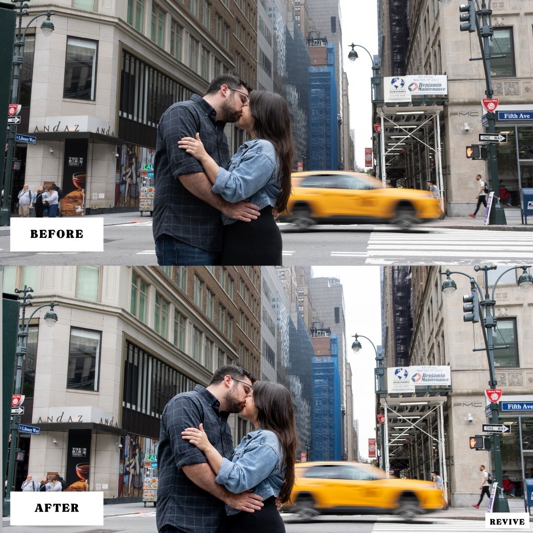Before and after photo of a couple kissing in New York City, edited with Color Rush Preset from the Colorbloom Collection. Adds true-to-color vibrance, natural skin tones, and a clean cinematic look.